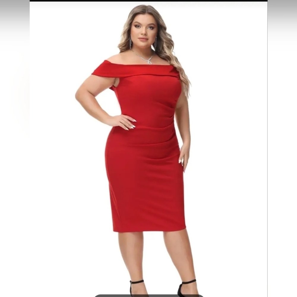 NEW ELEGANT OFF SHOULDER RED STRETCH DRESS PLUS SIZE: 4XL/5XL- SIZE 22